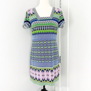 Laundry by Shelli Segal Medium Petite Green, Purple, Short Sleeve Midi Dress